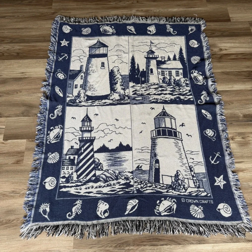 Crown Crafts Woven Tapestry Throw Blanket Lighthouse Nautical Navy Blue 60x46